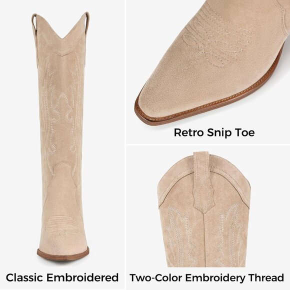 Women's Beige Suede Cowgirl Boots Knee High Pointed Toe Tall Block Heel Boots - Picture 3 of 7